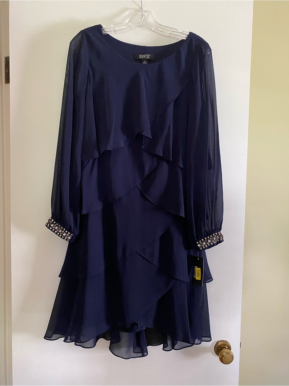 Jessica Howard Navy Chiffon Dress with Beaded Cuff Detail